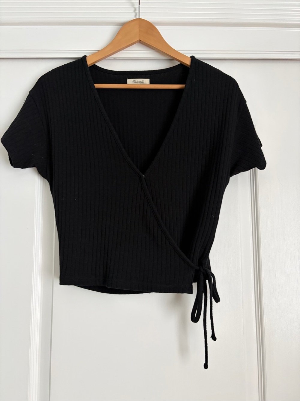 Madewell Black Ribbed Wrap Crop Top Medium Stretch Side Tie Short Sleeve